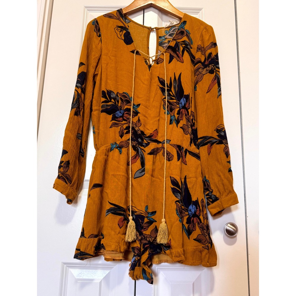 Blu Spero Mustard Floral Long Sleeve Romper Boho Tassel Festival Western Small